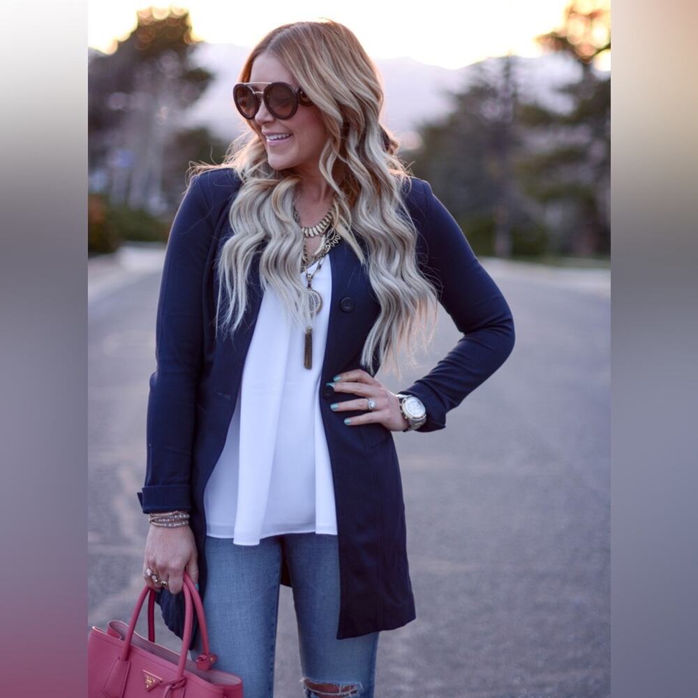 CABi Lido Thick Ponte Knit Longline Button Front Cardigan Navy BlazerJacket‎ sm